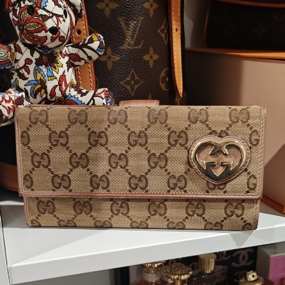 Gucci Monogram Wallet, With Rise Gold Trim